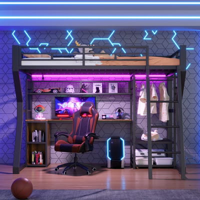 VVBV Ruimtebesparende Hoogslaper 90x200 cm met Bureau, Planken - LED-Verlichting - Metaal Zwart - Zonder Matras