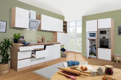 Goedkope keuken 445 cm - complete keuken met apparatuur Lorena - Eiken/Wit - soft close - keramische kookplaat - vaatwasser - afzuigkap - oven - magnetron - spoelbak