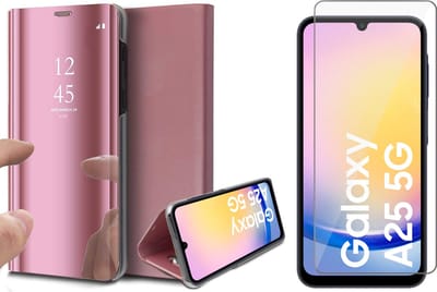 Hoesje geschikt voor Samsung Galaxy A25 / A24 - Screenprotector Glas - Spiegel Book Case Rosegoud