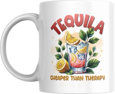 Mok 330ml – Tequila cheaper than therapy – Grappige mok met cocktail design – Dubbelzijdig bedrukt – Cadeau voor volwassenen