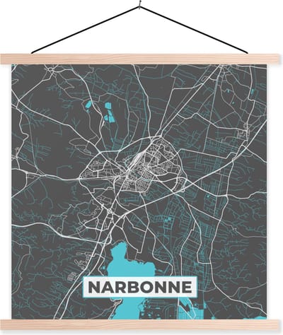 Posterhanger incl. Poster 40x40 cm - Schoolplaat - Plattegrond – Kaart – Stadskaart – Frankrijk – Narbonne - Textielposter - Blanke latten - Stadskaart