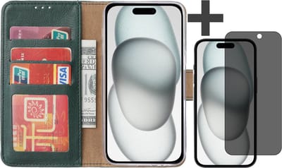 Hoesje met Privacy Screenprotector Geschikt voor iPhone 15 – Arara bookcase met pasjeshouder - Groen