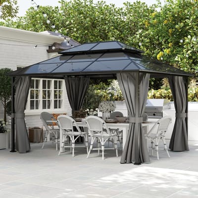 Tuinpaviljoen 3x4m Hardtop Aluminium – Polycarbonaat Dubbel Dak Waterdicht UV99% met Zijpanelen – Luxe Terras Overkapping Grijs | Laura
