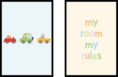 Poster Dieren in auto en My room my rules - Kinderkamer poster - Babykamer poster - Dieren poster - Kinderkamer decoratie - 21x30 cm - A4 - Exclusief lijsten - WALLLL