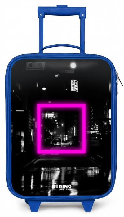 NoBoringSuitcases.com® - Kinderkoffer blauw - Kindertrolley jongen - Felroze vierkant met verlichte achtergrond - Koffer kind lichtgewicht - Reiskoffer trolley voor kinderen - Koffertje met lichtgevende wieltjes - Rolkoffer