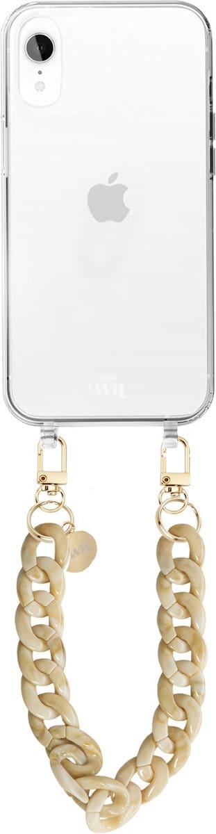 xoxo Wildhearts siliconen hoesje - Geschikt voor iPhone XR - Cream Latte - Telefoonhoesje - Hoesje met koord - Beige koord - kort telefoonkoord - Transparant hoesje (korte variant)