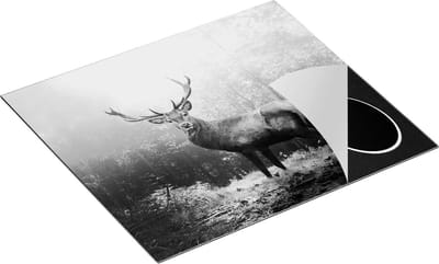 Chefcare Inductie Beschermer Hert Staand in een Herfstbos - Zwart Wit - 60x50 cm - Afdekplaat Inductie - Kookplaat Beschermer - Inductie Mat