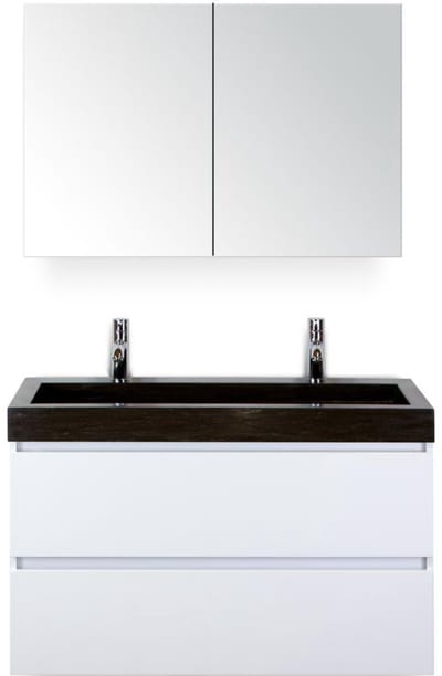 Maxx XL Badmeubelset 100 cm - Wit Hoogglans - Wastafel Lucca 2 Kraangaten met Spiegelkast