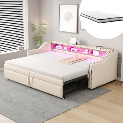 DESMIU Gestoffeerd Bed 90 x 200 cm Uitrekbaar Slaapbankbed Met Opbergruimte Ledverlichting En Usb Aansluiting Voor Jeugdkamer Of Logeerkamer Beige Met Matras
