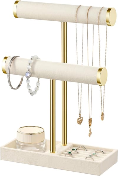 Famanu – Sieradenorganizer met 2 niveaus, fluwelen armbandhouder met afneembare T-vormige standaard, voor armbanden, halskettingen en horloges