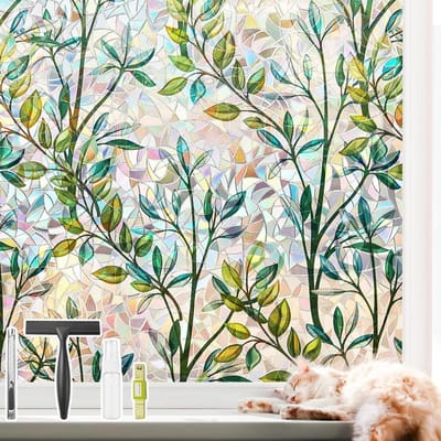SnelShoppen - NINETREX 3D Decoratieve Raamfolie voor Privacy met Bladeren Patroon, Sun Protection Film voor Glasdeur, Maat 45 x 200 cm, Ideaal voor Th