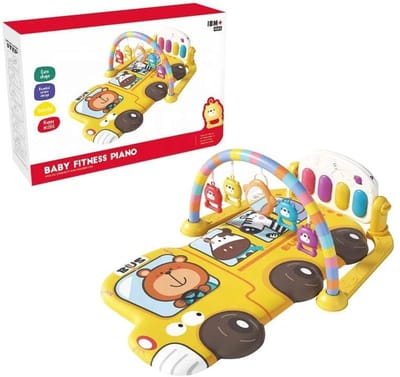 Babygym bus speelmat met speelboog en piano - activiteitencenter met meter en speelkleed