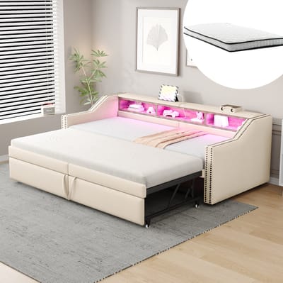 COVREO Slaapbank met uitrekbaar bedframe – Bedbank met opbergruimte – voor kleine ruimtes en logeerkamer – 90/180 x 200 cm – Beige - met matras