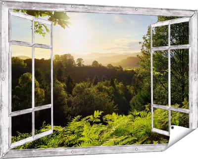 Gards Tuinposter Doorkijk Zonsondergang vanuit een Bos - 150x100 cm - Tuindoek - Tuindecoratie - Wanddecoratie buiten - Tuinschilderij