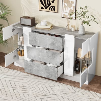 STILVORA Dressoir - Met LED Verlichting En Veel Opbergruimte - 2 Deuren 3 Lades Voor Woonkamer En Eetkamer - MDF Glas - 140x35x75 Cm