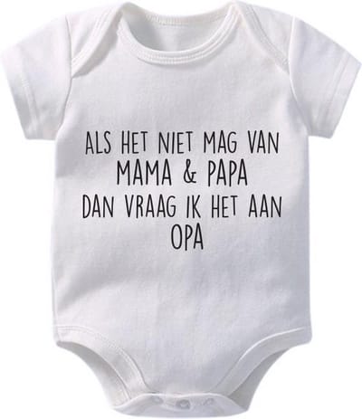 Hospitrix Baby Rompertje met Tekst Als het niet mag van mama & papa dan vraag ik het aan opa | Maat S | 0-3 maanden | 50/56 |  Korte Mouw | Cadeau voor Zwangerschap | Bekendmaking | Aankondiging | Aanstaande Moeder | Moederdag