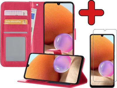 Hoesje - Met Screenprotector - Geschikt voor Samsung Galaxy A32 5G - Luxe Pasjeshouder - Flipcase - Bookcase Portemonee - Flip Case - Kunstleer Book Case - Book Cover - Walletcase - Portemonneehoes - Telefoonhoes - Donkerroze