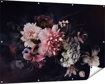 Gards Tuinposter Diverse Bloemen op Zwart Achtergrond - 150x100 cm - Tuindoek - Tuindecoratie - Wanddecoratie buiten - Tuinschilderij