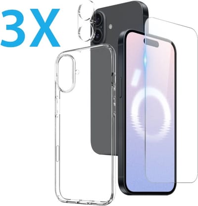 Back cover Silicone hoesje transparant met Screenprotector Glas 3x en Camera lens protector 3x Geschikt voor: iPhone 16