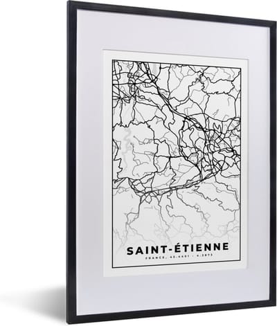 Fotolijst incl. Poster Zwart Wit- Stadskaart - Saint-Étienne - Plattegrond - Kaart - Frankrijk - Zwart wit - 30x40 cm - Posterlijst