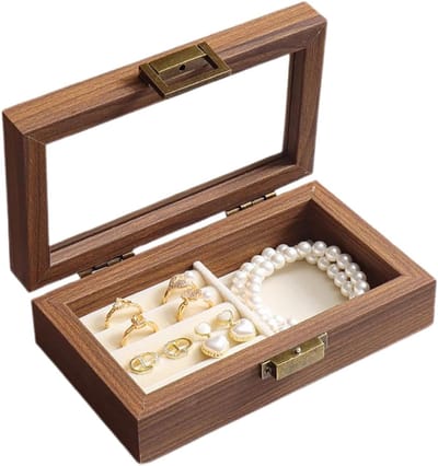 Daity Een dubbellaagse sieradendoos met glazen deksel - gemaakt van hout - met een uitneembaar sieradenbakje. Geschikt voor dameskettingen - ringen - oorbellen en armbanden (bruin).