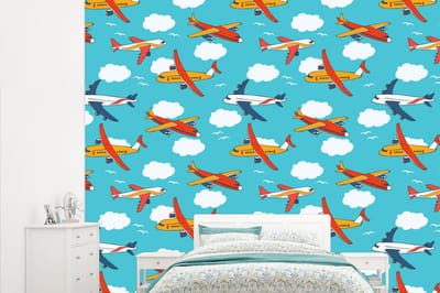 Behang - Fotobehang Patronen - Vliegtuig - Wolk - Lucht - Jongen - Kindje - Kinderen - Kids - Breedte 315 cm x hoogte 260 cm