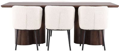 Olivia eethoek tafel 100x210cm en 6 bouclé stoelen mocca.