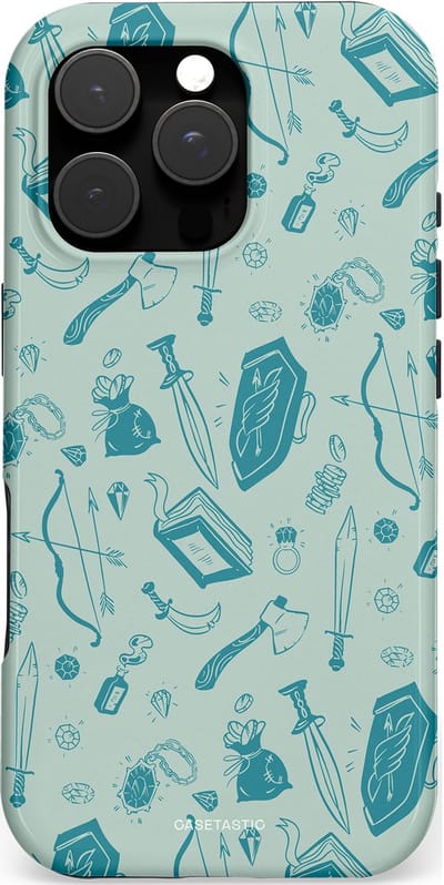 Casetastic hoesje geschikt voor Apple iPhone 16 Pro - MagSafe - Dubbellaagse bescherming - Avontuurlijke buit vol wapens - Fashion Case - Zilver Saliegroen Petrol