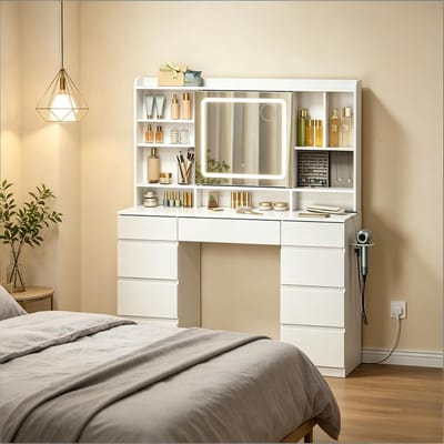 HAUSS SPOLE Kaptafel - Met Ledverlichting En Stopcontacten - 9 Laden En Schuifspiegel - Voor Slaapkamer - Wit - 110x40x140 Cm