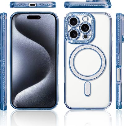 Hoesje Geschikt voor iPhone 15 Pro Magsafe hoes Lens beschermer Blauw – Luxe bling sprankelende diamant backcover