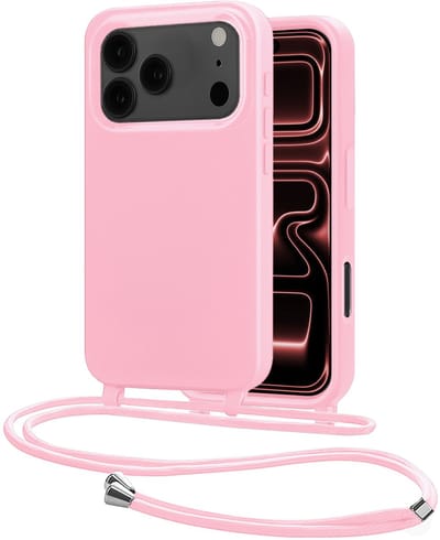 Hoes Geschikt voor iPhone 17 Pro Met Telefoonkoord - Siliconen Hoesje Backcover Met Ketting - Lichtroze