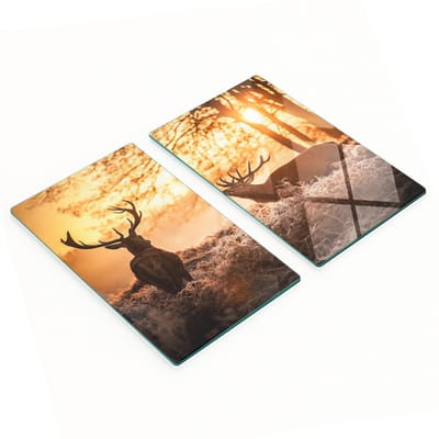Glazen planken met een decoratief patroon van een zonsopgang boven een hert, 2x30x52 cm