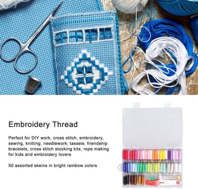 Dailygoods- Borduurgaren 50 Kleuren - Borduurnaalden - Katoen - Borduurgaren Set - Kunststof Doos - Schaar - Duurzaam en Superzacht - Borduurgarenset