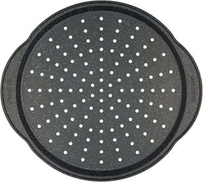 Salter BW12807EU7 Megastone Pizzapan – 36 cm Antiaanbak Perforeerde Crisper Lade Met Handvatten, Grote Oven Bakblik Voor Pizza's, 12-Inch Duurzame Koolstofstalen Chipslade met PFAS-vrije coating