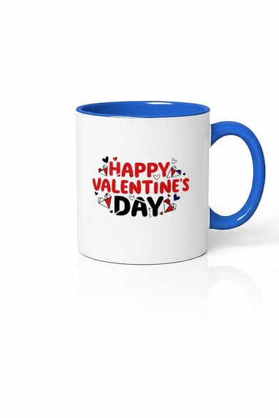 Valentijnsdag Mok Happy Valentine's Day - Romantisch Cadeau met Hartjes en Blauw Handvat