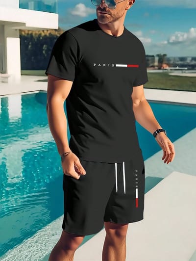 Trendy Comfortabele Zwart Paris Lounge Set met Kersenprint - Stijlvolle Casual Korte Mouw en Shorts - 4XL-5XL