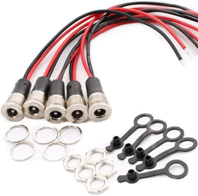 5 Stuks Power Jack Socket 5,5 x 2,1 mm - Laagspanningsconnector met Kabel en Rubberen O-ring