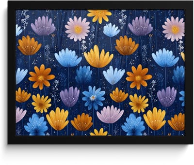 Poster in lijst - Fotolijst 40x30 cm - Posters - Bloemen - Patroon - Blauw - Contrast - Posterlijst zwart - Decoratie - Wanddecoratie woonkamer - Muurdecoratie slaapkamer