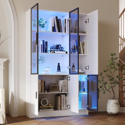 MODENUIT Vitrinekast - 3 Glazen Deuren Met LED-Verlichting - Voor Woonkamer En Studeerkamer - Wit - 120x35x200 Cm