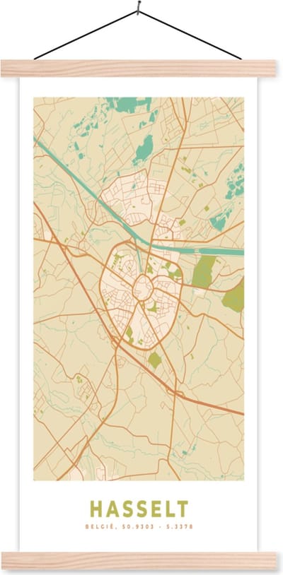 Posterhanger incl. Poster 60x120 cm - Schoolplaat - Kaart - België - Hasselt - Plattegrond - Stadskaart - Textielposter - Blanke latten - Stadskaart