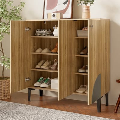 Sweiko Schoenenkast - Halmeubel - Dressoir - Houtnerf - Opbergplanken - Metalen poten - Natuurlijke