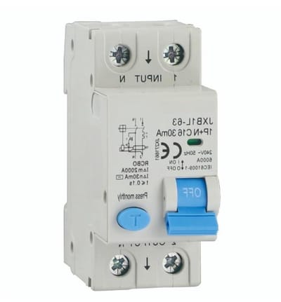 Aardlekschakelaar - Magnetothermisch relais - Elektrische beveiliging - 30mA aardlekdetectie - 2 modules DIN - Grijs