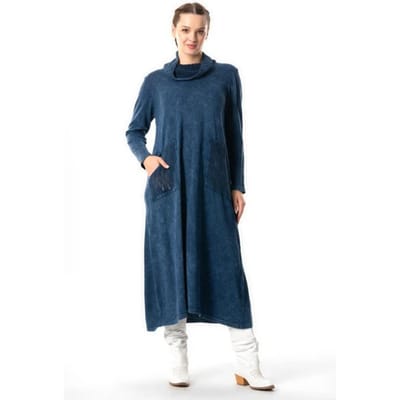 Lange mouwen Sevda jurk met wijde col en zakken, gebreide look, herfst en winter, indigo
