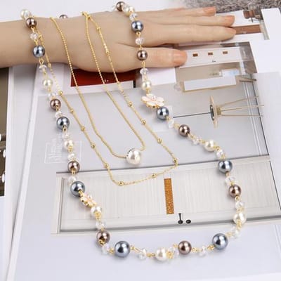 Dames Exquise Lange Parelketting Bruid Bruiloften Cadeau Camelia Bloem Sieraden Parel Truikettingen beige