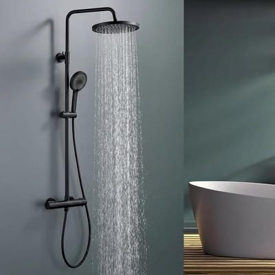 Douchesysteem met thermostaat, zwart, douchekraan, complete set met 3 straalsoorten, handdouche en 25 cm hoofddouche, roestvrij staal, regendouche, douchekraan, zwart, doucheset voor moderne