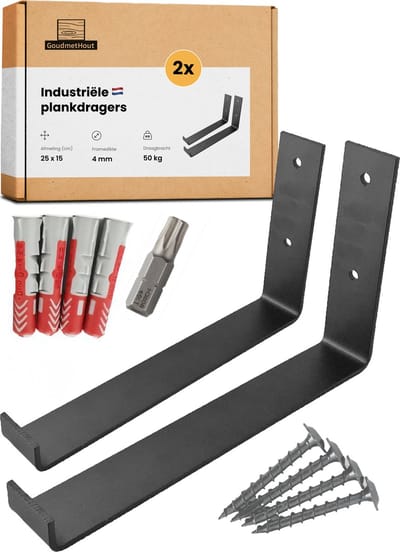 GoudmetHout® Industriële Plankdragers L-vorm UP - 25 cm - Stalen Plankdrager voor Wandschap, Muurrek of Wandconsole - Max 50 kg - 2 Stuks - Mat Blank