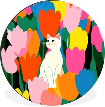 WallCircle - Wandcirkel - Muurcirkel - Tulpen - Kat - Kleurrijk - Aluminium - Dibond - 30x30 cm - Binnen en Buiten