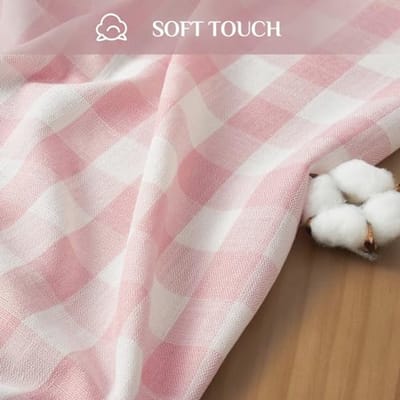 Checkered Tablecloth Rectangle - Heavy Duty Linen Cotton Gingham Boho with Tassel - 140x180cm, Pink