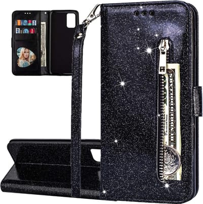Portemonnee Hoesje - Wallet Case - Rits Sparkly Glitter - Telefoonhoes met Kord Geschikt voor: Samsung Galaxy S20 Plus - Zwart