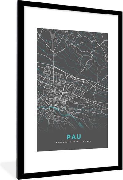 Fotolijst incl. Poster - Pau - Stadskaart - Kaart - Plattegrond - Frankrijk - 80x120 cm - Posterlijst